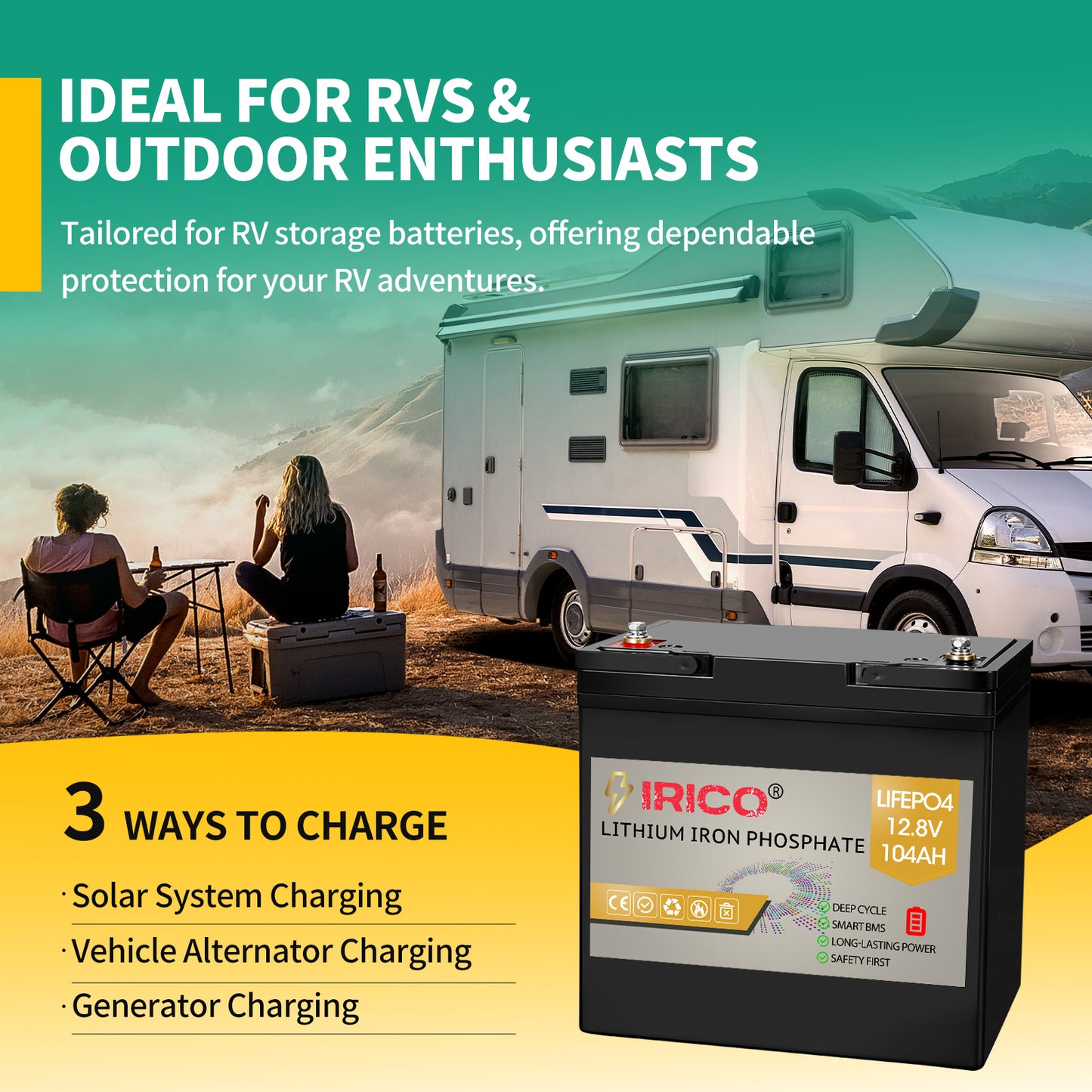 IRICO Lifepo4 Battery 12V 100Ah Compact Size, 4PK