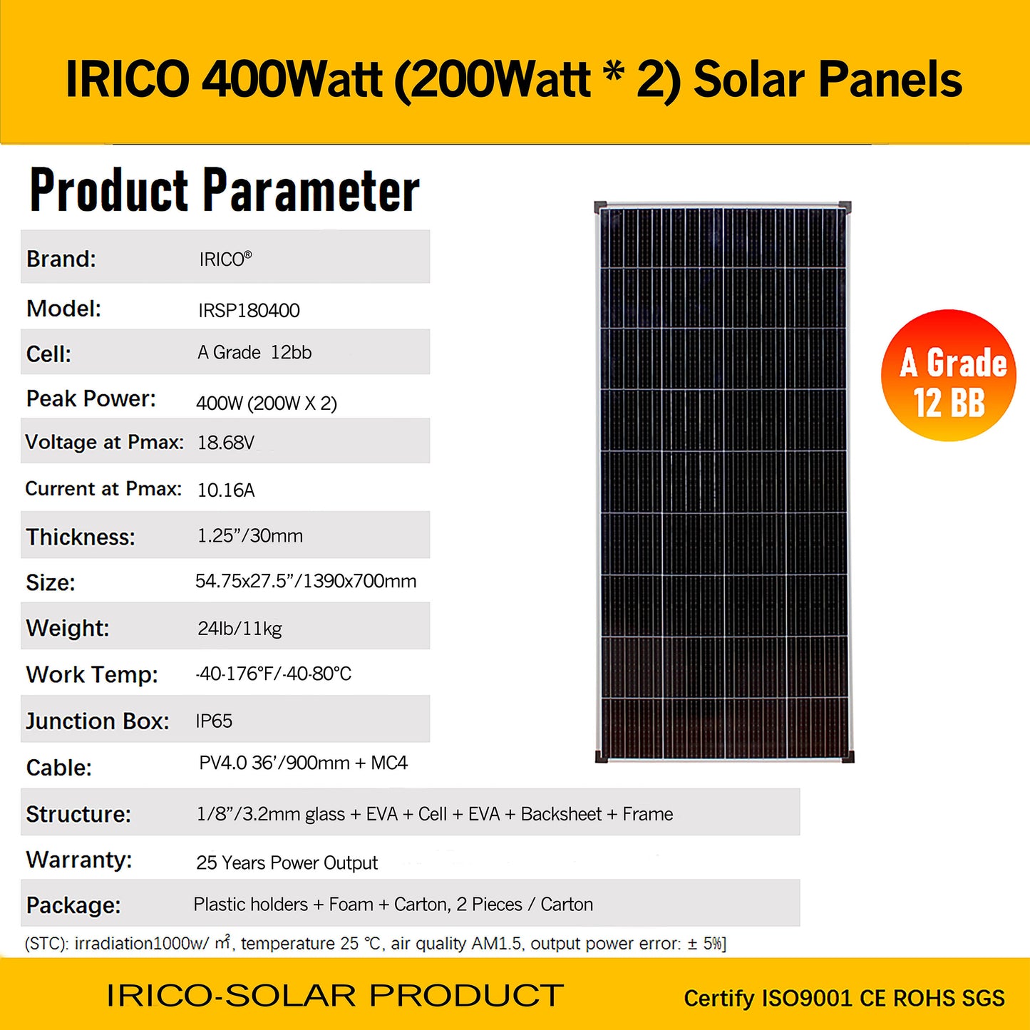 Irico 400W Mono-crystallion Solar Panels 390Watts 4 Sets (200W*2PCs*4)This is a deposit only