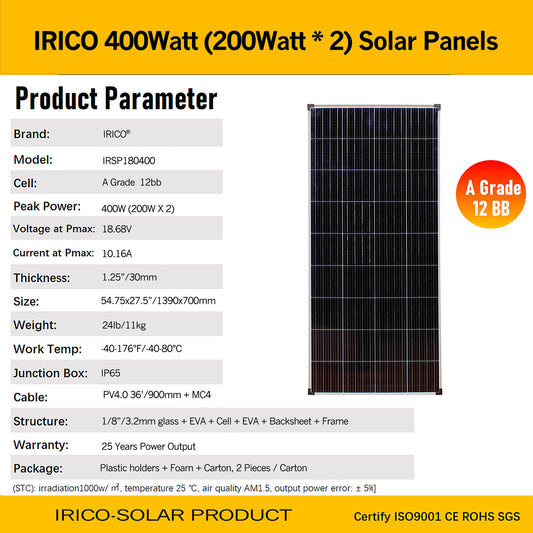 Irico 400W Mono-crystallion Solar Panels 390Watts 4 Sets (200W*2PCs*4)This is a deposit only