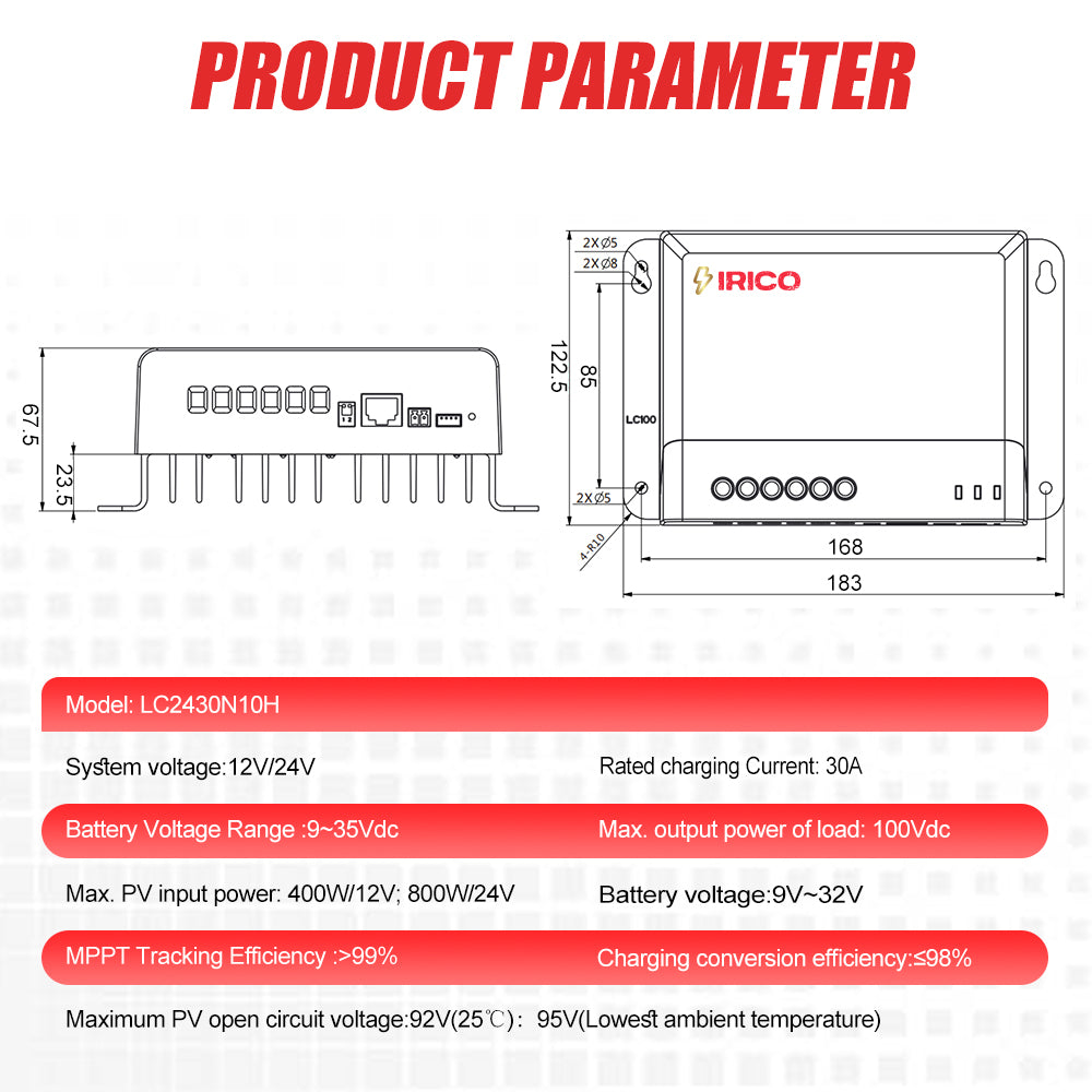 IRICO LC2430 MPPT Solar Charge Controller – 30A Efficient Power Management with Load Priority, TTL & RS485 Communication, and Versatile Voltage Output