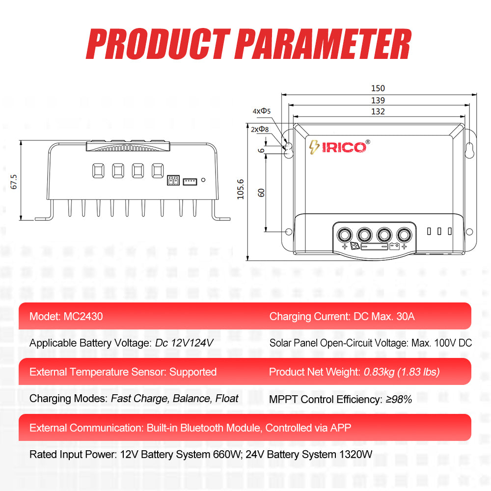IRICO  20A/30A MPPT Solar Charge Controller – Efficient All-in-One Design, Supports Multiple Battery Types High Tracking Efficiency
