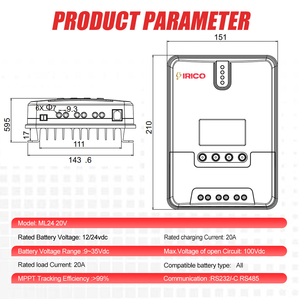 IRICO ML2420 MPPT Solar Charge Controller – 20A Efficient Off-Grid Power Solution, RS232/RS485 Compatibility, and Comprehensive Protection