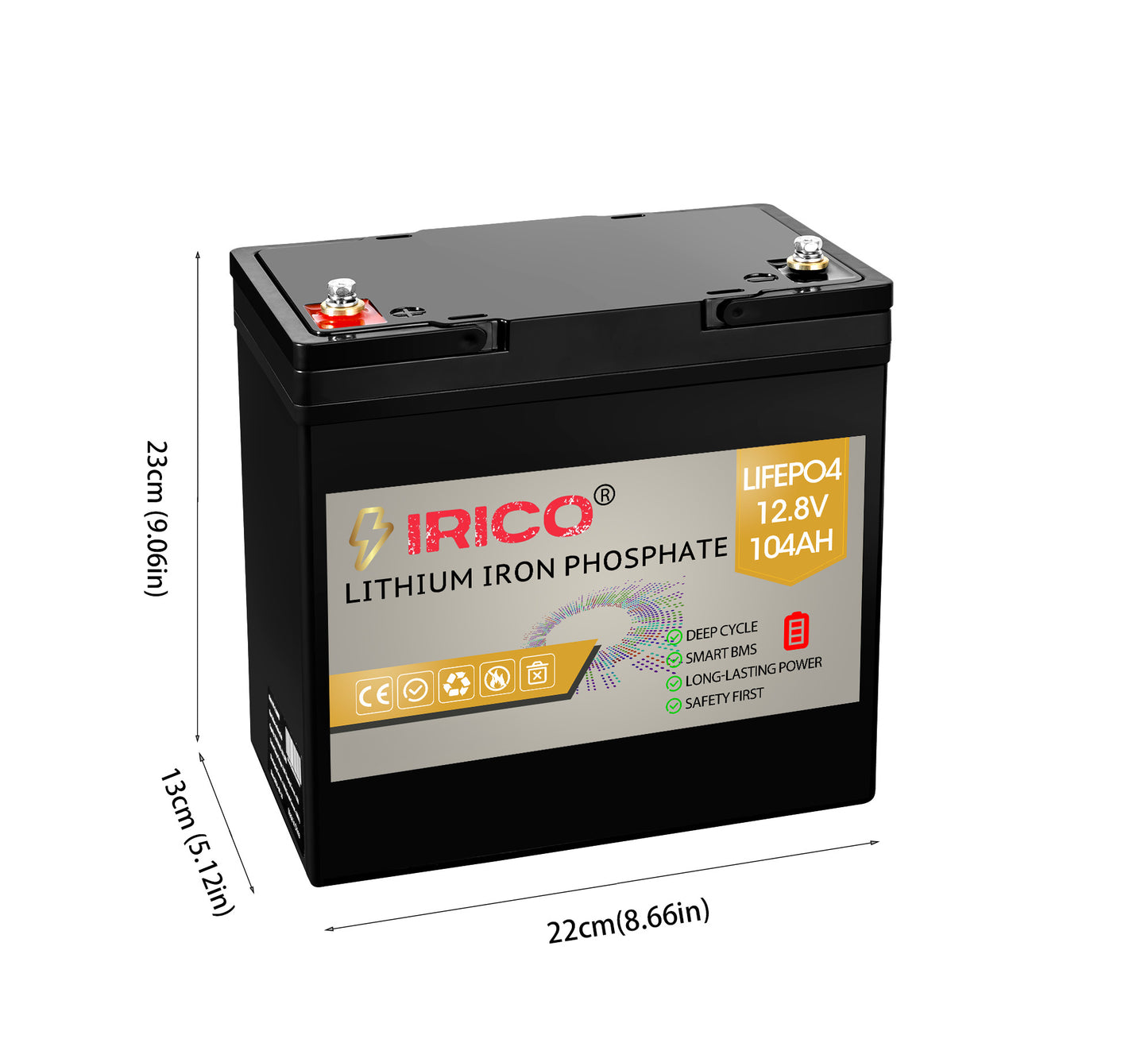 IRICO Lifepo4 Battery 12V 100Ah Compact Size, 2PK