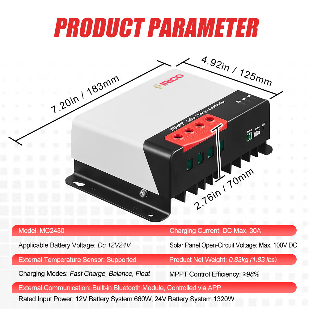 IRICO  20A/30A MPPT Solar Charge Controller – Efficient All-in-One Design, Supports Multiple Battery Types High Tracking Efficiency