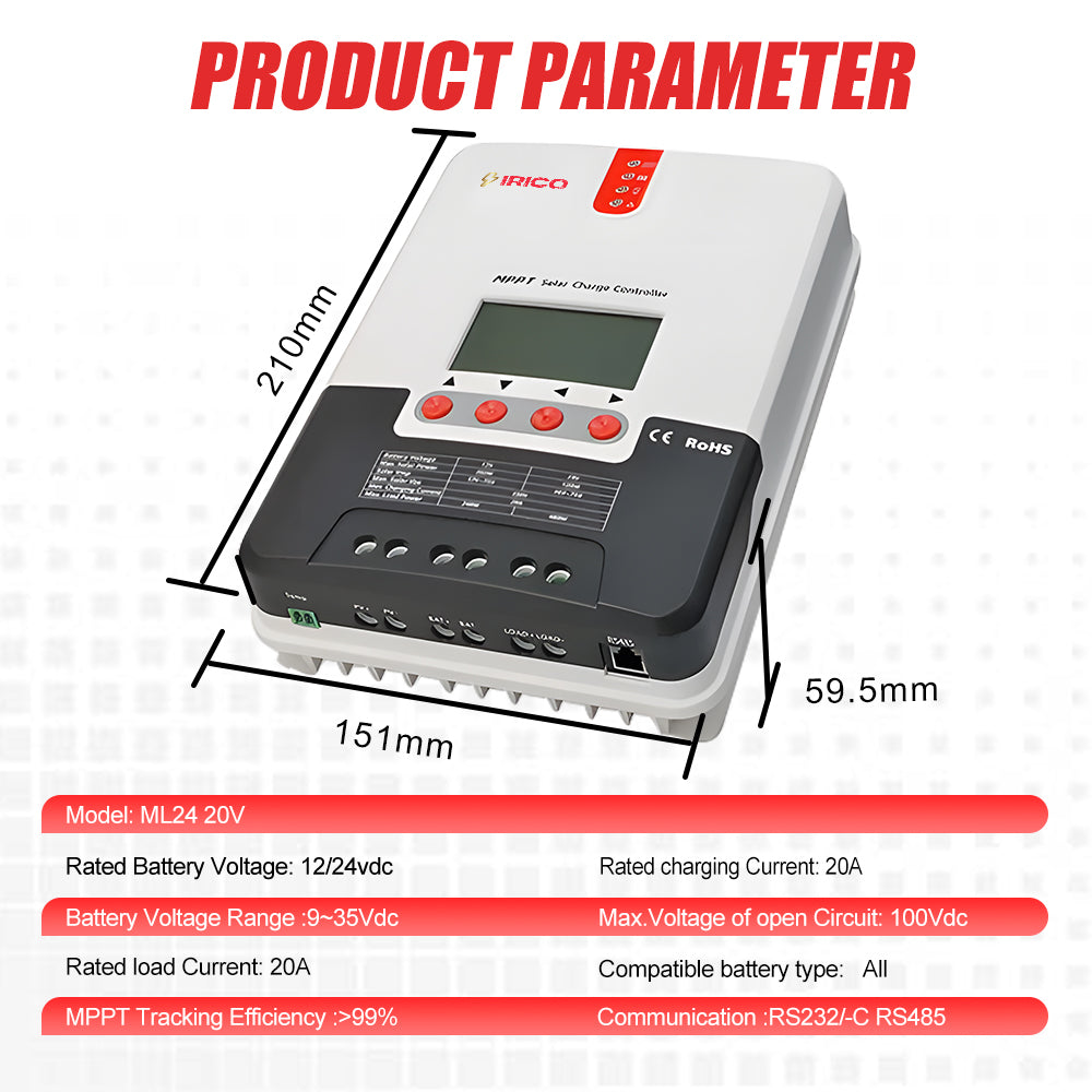 IRICO ML2420 MPPT Solar Charge Controller – 20A Efficient Off-Grid Power Solution, RS232/RS485 Compatibility, and Comprehensive Protection