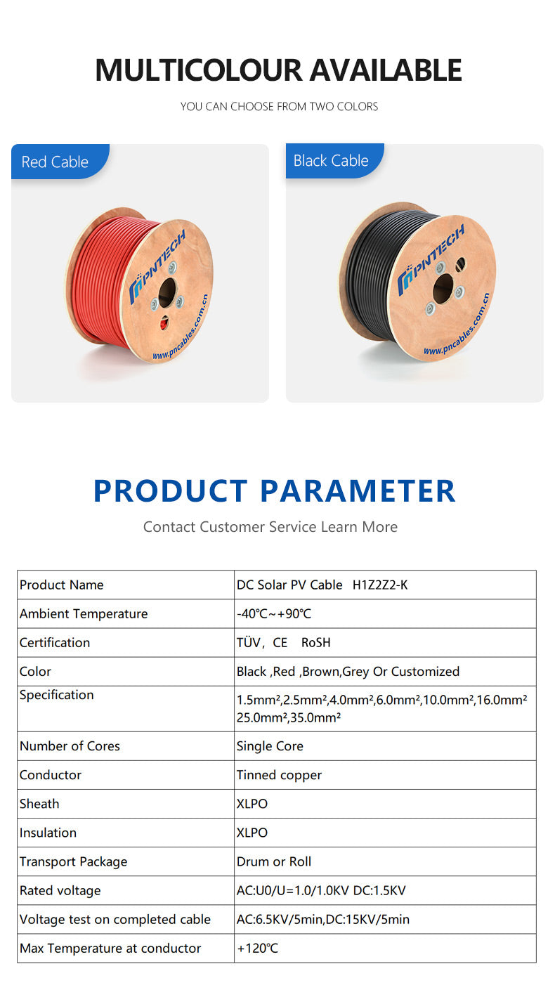 Solar photovoltaic DC cable TUV EN50618:2014 H1Z2Z2-K Black and Red -100M/328FT